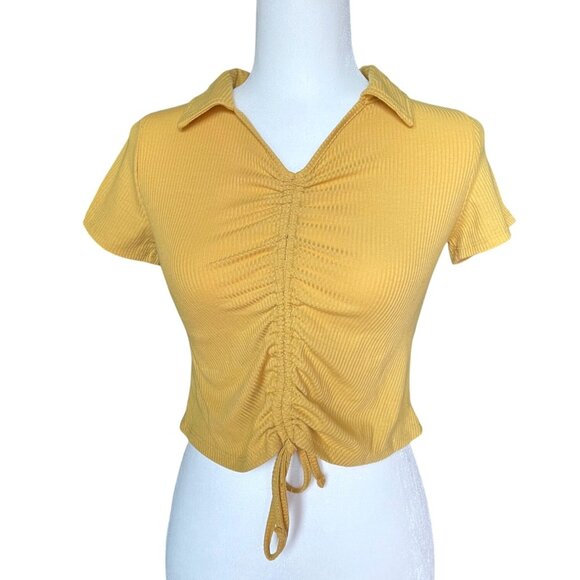 Y2K Rare Editions Yellow Ruched Ribbed Babydoll Collared Crop Top w/Drawstring - Picture 1 of 7